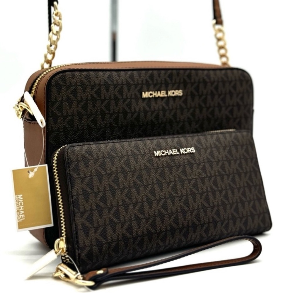 Michael Kors Large EW Crossbody Bag w Matching Continental Wallet Set Brown/Gold